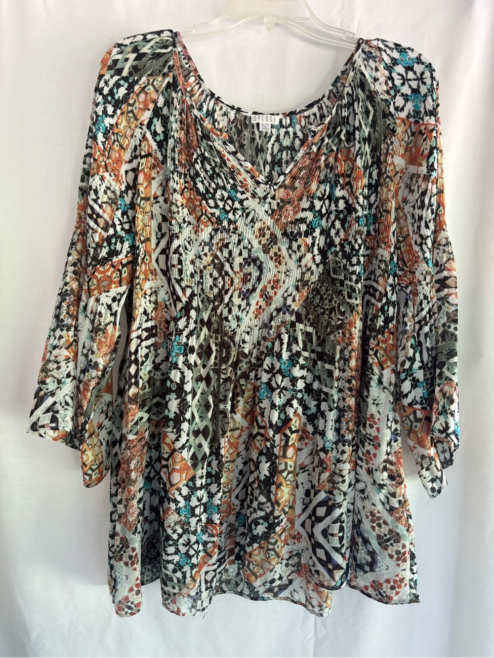 Spense Multicolor V-Neck Patterned Tunic — Teal, Rust, Black, Cream